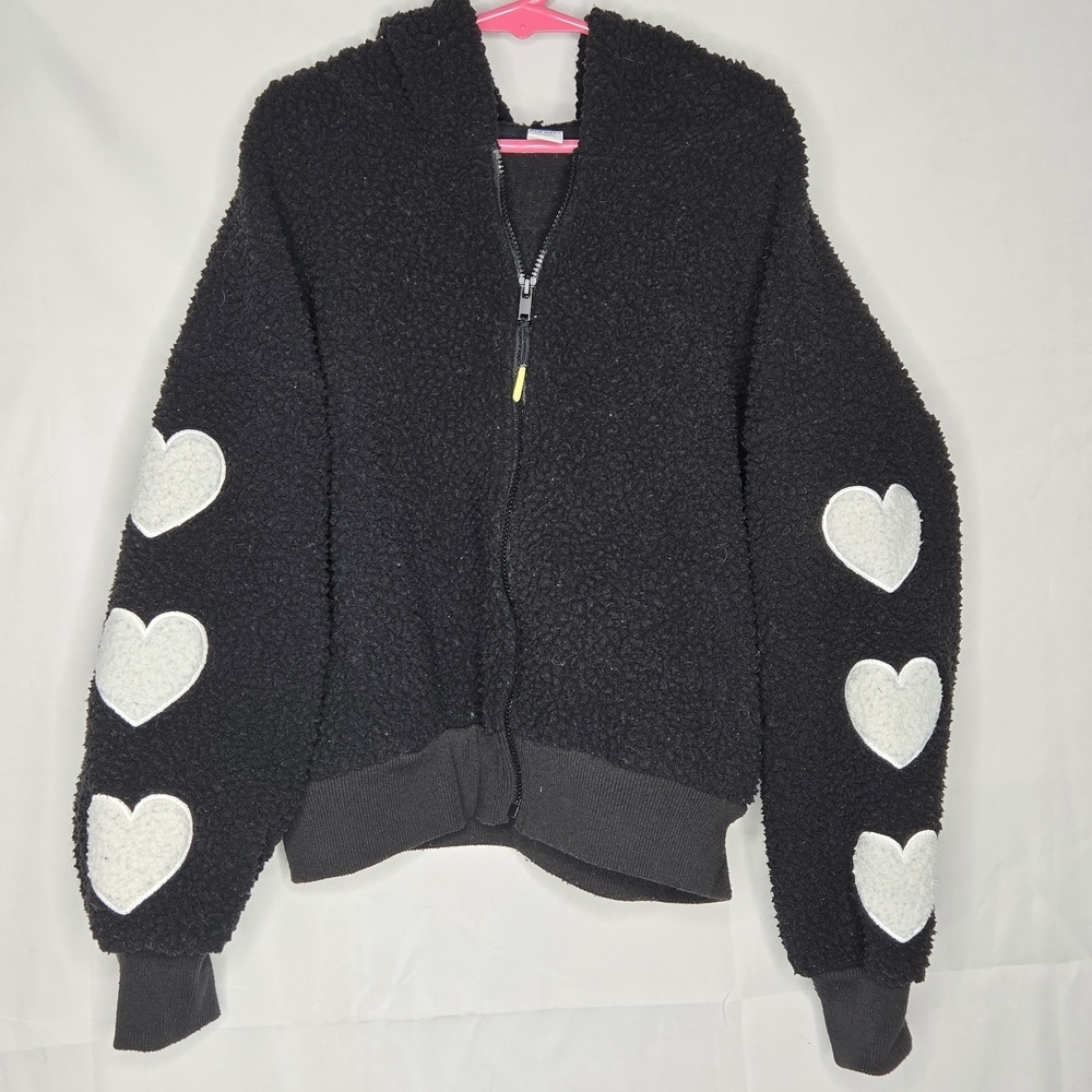 Girls Size Large 10/12 Old Navy Hooded Black Fleece Jacket W Hearts On Sleeves